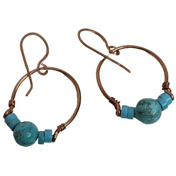 Copper And Turquoise Gemstone Half Hoop Earrings Handcrafted Made In USA Boho - Picture 5 of 7